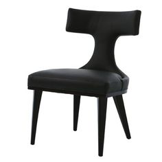 a black chair with wooden legs and an upholstered backrest, on a white background