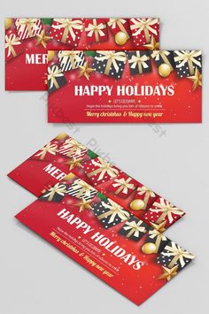 two red and gold christmas cards with snowflakes on them, one is for merry holidays