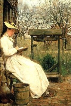 a painting of a woman sitting on a bench reading in the shade by an old building