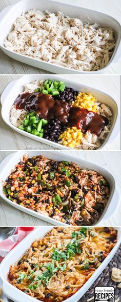 three different types of casserole with rice and beans