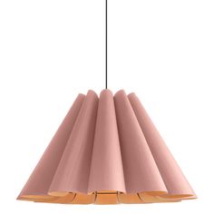 a pink lamp hanging from the ceiling with three lights on each side and one light in the middle