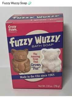 a box of fuzzy wuzzy soap sitting on top of a table