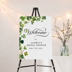 Bridal Shower Greenery Shamrock Welcome Sign Editable Blank Bridal Shower Green, Toast To The Bride, Bridal Shower Greenery, Irish Games, Irish Blessings, Bridal Shower Inspo, Delicate Watercolor, Shower Welcome Sign, Lucky In Love