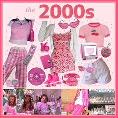 there are many different items in this pink and white photo, including clothes, shoes, headphones