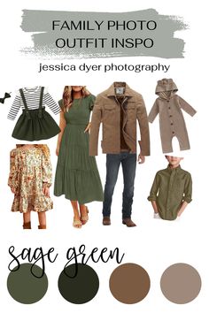 the family photo outfit inspo is shown in green, brown and beige tones with text that reads sage green