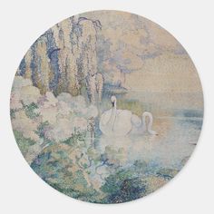 a white swan floating on top of a lake surrounded by trees and flowers round sticker