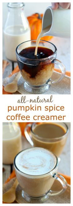 there are two pictures of pumpkin spice coffee creamer and one is in a glass cup