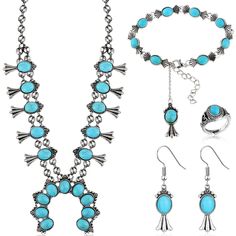 PRICES MAY VARY. Fine Jewelry Set: you will receive 1 set of turquoise jewelry western for women, including 1 piece of squash blossom necklaces for women, 1 pair of earrings, 1 pieces of turquoise ring, and 1 piece of turquoise wrist chain, bringing some bold, dynamic, delicate style to your accessory collection Proper Size: the necklace western is about 27-30 inches long with a 3-inch extension cord, the earrings are about 1.75 x 1 inches, and the wrist chain is about 3/8 inches wide, which fit Turquoise Jewelry Western, Squash Blossom Jewelry, Jewelry Western, Wrist Chain, Howlite Necklace, Turquoise Western, Western Necklaces, Howlite Stone, Squash Blossom Necklace