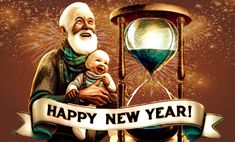 an old man holding a baby in his lap while standing next to an hourglass