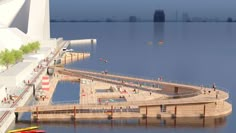 an artist's rendering of a pier on the water with boats and people in it