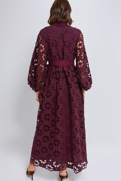 An elevated midi for fall and beyondMade in a beautiful lace fabric, this maxi is a chic and timeless piece meant to be worn season after season. Boasting blouson sleeves, A-line silhouette, and a self-tie waist belt, this Merlot Calliope Dress is both flattering and classic. Simply add heels and clutch - you're ready to roll for any event on your social calendar!Our Favorite Details: Front button placket Side pockets Self-tie waist belt (included) Partially lined Material: 100% Cotton (body & y Fall Evening Dress With Scalloped Lace, Scalloped Lace Evening Dress For Fall, Lace Trim Maxi Dress For Fall, Fall Maxi Dress With Lace Trim, Maxi Dress With Lace Trim For Fall, Fall Lace Patchwork Maxi Dress, Elegant Long Sleeve Maxi Dress With Scalloped Lace, Chic Fall Maxi Dress With Lace Trim, Fall Lace Trim Midi Length Dress