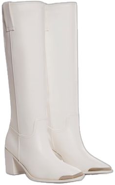 White Mid-calf Boots With Stacked Heel For Fall, Chic White Faux Leather Platform Boots, White Platform Boots With Square Toe For Winter, Trendy White Square Toe Heeled Boots, Chic White Platform Boots For Fall, White Square Toe Platform Boots For Fall, White Faux Leather Heeled Boots With Square Toe, White Faux Leather Square Toe Heeled Boots, Modern White Heeled Boots For Fall