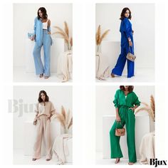 Bjux - Relaxed Fit Casual Long-Sleeved Top and Loose-Fit Pants Workwear Sets With Pockets, Casual Long Sleeve Pant Set For Spring, Fitted Casual Sets For Brunch, Summer Long Sleeve Sets For Brunch, Non-stretch Spring Sets For Day Out, Spring Non-stretch Day Out Sets, Relaxed Fit Workwear Sets For Fall, Relaxed Fit Sets For Workwear, Casual Long Sleeve Solid Pantsuit