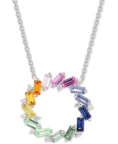 A kaleidoscope of elegance. Colorful lab-created multi-sapphire baguettes form a beautiful circle on this sterling silver pendant necklace. Multi Color Sapphire Jewelry, Colour Stone Pendant, Navratna Jewellery, Rainbow Stone, Bvlgari Jewelry, Bolo Bracelet, Multi Sapphire, Beauty Gift Sets, Sterling Silver Necklace Pendants