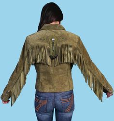 This classic Western Style Suede Leather Jacket has a flattering fit! You Might say, "It's the Perfect Country and Western Jacket"! It features fringe yokes on the front and back, and fringe down the sleeves! Also features conchos with beaded fringe, as well as stud and bead design detail. Satin lined. Imported. Vintage Leather Jacket With Fringe For Winter, Luxury Fringed Leather Jacket With Long Sleeves, Vintage Brown Fringe Outerwear, Western Leather Fringe Outerwear, Chic Long-sleeve Leather Jacket With Fringe, Green Flats, Beaded Jacket, Western Jacket, Leather Outerwear