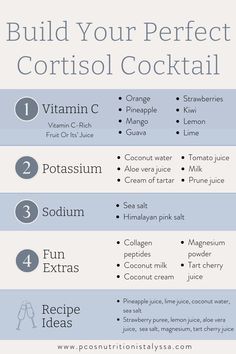 A cortisol cocktail is often called an adrenal cocktail or cortisol mocktail. There's typically no alcohol in it, but it does offer essential nutrients that nourish your adrenal glands, reduce stress levels and lower your cortisol levels. Cortisol Regulation Routine, Exercise To Reduce Cortisol, Food That Lowers Cortisol, Improve Cortisol Levels, Natural Cortisol Drink, Diy Adrenal Cocktail, Bedtime Adrenal Cocktail, Natural Cortisol Cocktail, Homemade Cortisol Drink