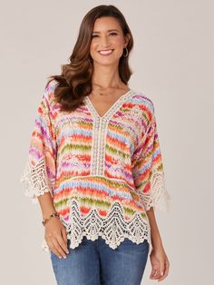 Shocking Raspberry Nectarine Multi Three Quarter Scallop Drop Shoulder Sleeve Crochet Placket V-Notch Neck Abstract Print Peplum Woven Top Peplum Hem, Hem Style, Woven Top, Quarter Sleeve, Three Quarter Sleeves, Vacation Outfits, Polished Look, Three Quarter, Shoulder Sleeve