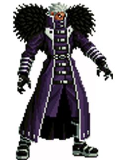 an old pixel art style character in purple and black