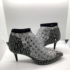 Shein, Nwot, Women’s Bling Rhinestone Point Toe Mesh Sandal Boot, Size: 8.5, Color: Black, Slip On Sock Boot, Stiletto Heel, Ankle Boots, Mid Heel 7cm/2.8”, Upper:Mesh, Lining: Pvc, Insole:Pu Leather, Outsole: Rubber, Brand New, Unused Silver Heels With Rhinestone Rivets For Night Out, Silver Heels With Rhinestone Rivets For Evening, Black Pointed Toe Heels With Bling, Black Bling Heels With Pointed Toe, Shein Shoes, Sock Boot, Black Slip On, Heel Ankle Boots, Knee High Leather Boots