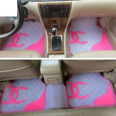 two pictures of the inside of a car with pink and blue floor mats on it