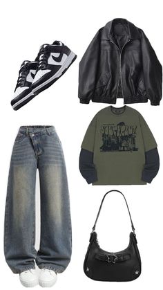 four pieces of clothing including jeans, jacket and handbag