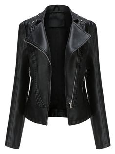 Trendy Long Sleeve Faux Leather Jacket, Casual Winter Outerwear With Rivets, Winter Leather Jacket With Rivets, Leather Biker Jacket With Rivets, Fall Biker Jacket With Rivets And Long Sleeves, Leather Biker Jacket With Rivets For Fall, Fall Leather Biker Jacket With Rivets, Trendy Leather Jacket With Long Sleeves, Leather Jacket With Rivets Long Sleeve