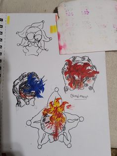 three children's drawings are shown on a piece of paper