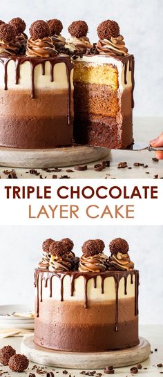 triple chocolate layer cake on a white plate with the words triple chocolate layer cake above it