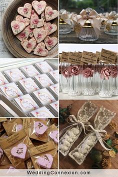 wedding confection collage with pink roses and hearts