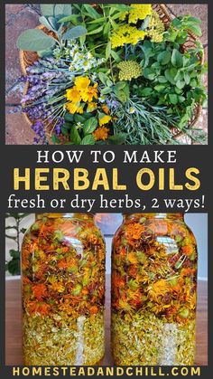 two jars filled with herbs sitting on top of a table