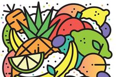 a drawing of fruit and vegetables on a white background