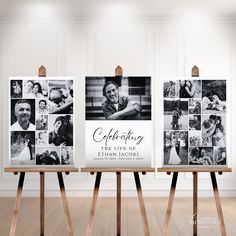 three canvass with photos on them in front of a white wall and wooden easel