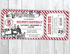 a ticket for an old fashioned train birthday party with red and white stripes on it