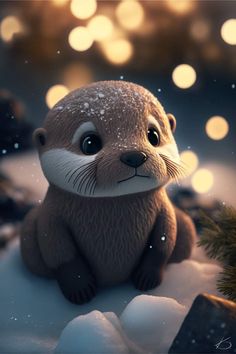 a cute little otter sitting on top of snow covered ground with christmas lights in the background