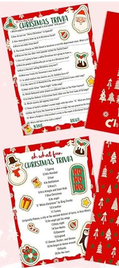 three christmas trivias with different designs on them