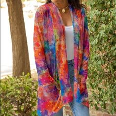 Flowy Open Cardigan Featuring Convenient Side Pockets And Long Sleeves To Keep You Covered. Note: Due To The Manner In Which Fabric Is Cut, Pattern Layouts May Vary. Size M: 35'' Long From High Point Of Shoulder To Hem Size 1x: 36.5'' Long From High Point Of Shoulder To Hem Knit 95% Polyester / 5% Spandex Machine Wash; Hang Dry Imported V-neck Multicolor Outerwear For Spring, Multicolor Long Sleeve Cardigan For Spring, Colorful Long Sleeve Casual Cardigan, Floral Print Cardigan For Fall Day Out, Floral Print Cardigan For Day Out In Fall, Multicolor Winter Cardigan For Vacation, Multicolor Floral Print Open Front Outerwear, Multicolor Open Front Outerwear With Floral Print, Casual Multicolor Floral Print Cardigan