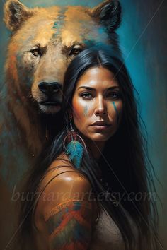 a painting of a native woman and a wolf with feathers on her head, in front of a blue background