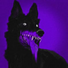 a black dog with its mouth open and it's teeth glowing in the dark