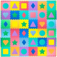 a colorful puzzle board with different shapes and sizes on the sides, including hearts, stars, and circles