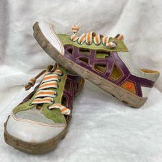 The Art Company Shoes Cut Out Geometric Colorful Multimedia Leather, Suede, Rubber Shoes. Size 38/8 Fantastic Preloved Condition Rare Hard To Find Crazy Laces Lots Of Cushion Slight Wear Spring Green Sneakers With Leather Sole, Artsy Sneakers With Rubber Sole And Round Toe, Multicolor Leather Closed Toe Sneakers, Multicolor Leather Sneakers, Rubber Shoes, Green Shoes, Green And Purple, Pink And Green, Cut Out