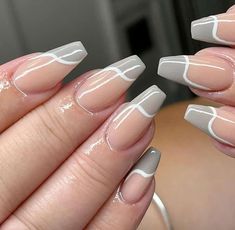 Grey And White Nail Designs, Grey French Tips, Gray Nail Ideas Acrylic, Grey Nails Ideas, Grey Acrylic Nails, Grey Nail, Grey Nails, Grey Nail Designs, Heart Nail