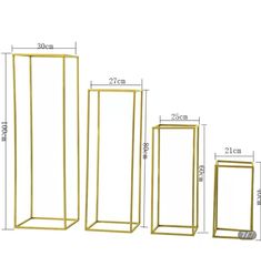 three tall gold metal planters are shown with measurements for each one and the other side