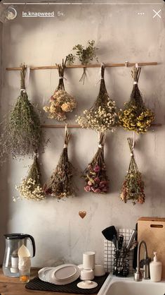 dried herbs hanging on a wall in a kitchen