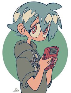 a drawing of a boy with blue hair holding a cell phone and looking at it