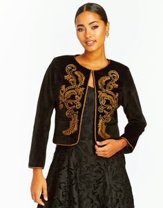 This is a pre-order item. Your order will ship Sept 1st, 2024 Cropped jacket with gold heritage embroidery Closed crewneck Corded embroidery Fully lined Shell: 100% Polyester Lining: 100% Polyester Wash instructions: Do not wash, Do not bleach, Do not tumble dry, Dry clean only, Cool ironing Model height is 5’9 | Top length from shoulder to hem is 20" Corded Embroidery, Metallic Jacket, Embroidered Wool, Cropped Leather Jacket, Wool Blend Jacket, Double Breasted Jacket, Embroidered Jacket, Cropped Jacket, Corduroy Jacket