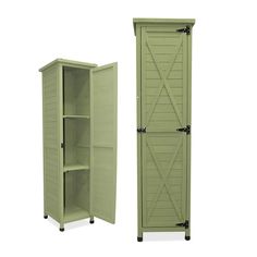 a tall green cabinet next to an open door on a white background, with one section closed and the other side opened