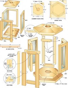 woodworking plans showing the components for a birdhouse and its surroundings, including an open door