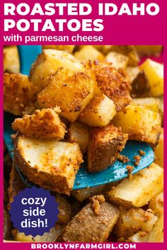 a blue spatula loaded with roasted potato chunks Easy Russet Potato Side Dishes, Baked Idaho Potatoes In The Oven, Cheesy Ranch Oven Roasted Potatoes, Oven Roasted Diced Potatoes, Oven Roasted Idaho Potatoes, Oven Roasted Potatoes