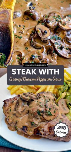 steak with creamy mushroom pepperoni sauce is served on a white plate and topped with mushrooms