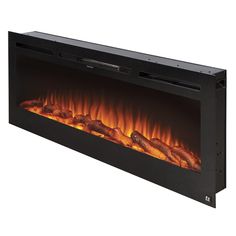 an electric fireplace with flames on the side and logs in it's back end